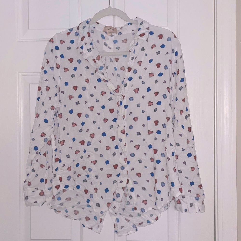 Per se gemstone jewel print button down top